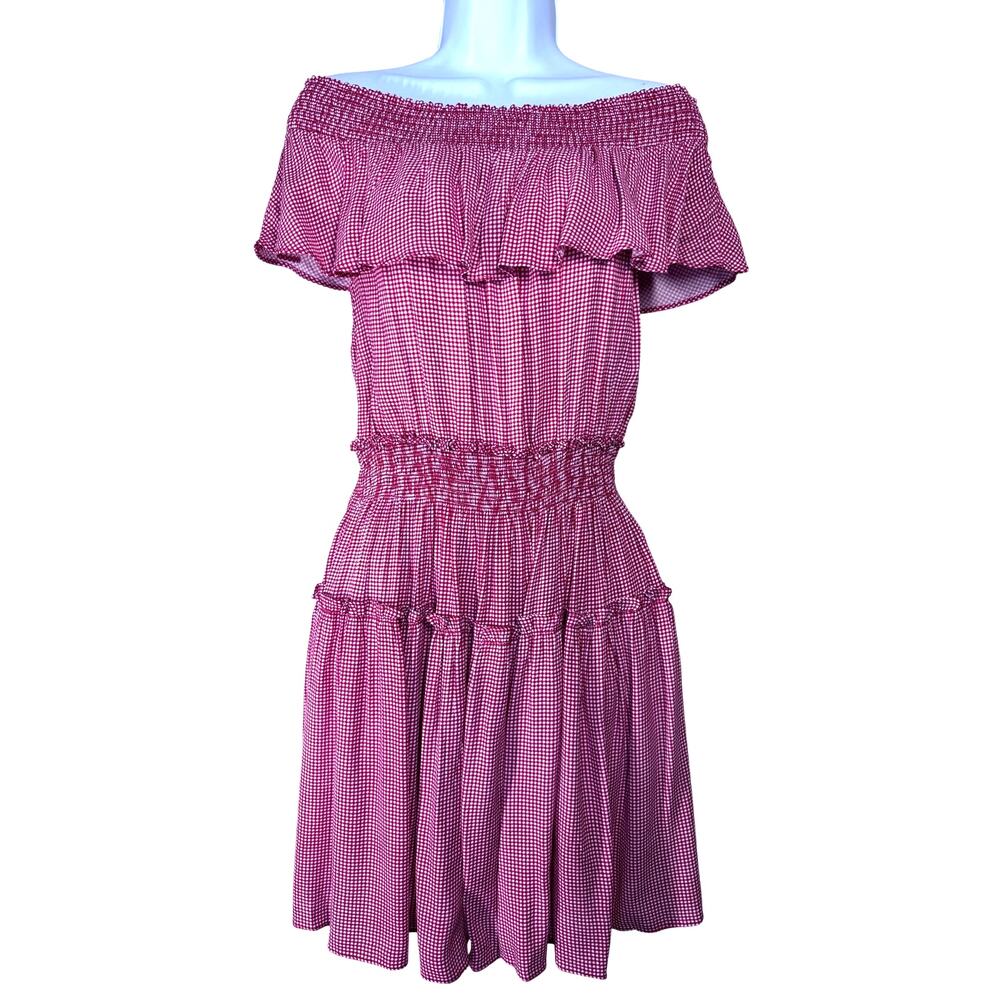 Willow & Clay Red Checked‎ Smocked Off Shoulder Mini Dress Women's Medium Preppy